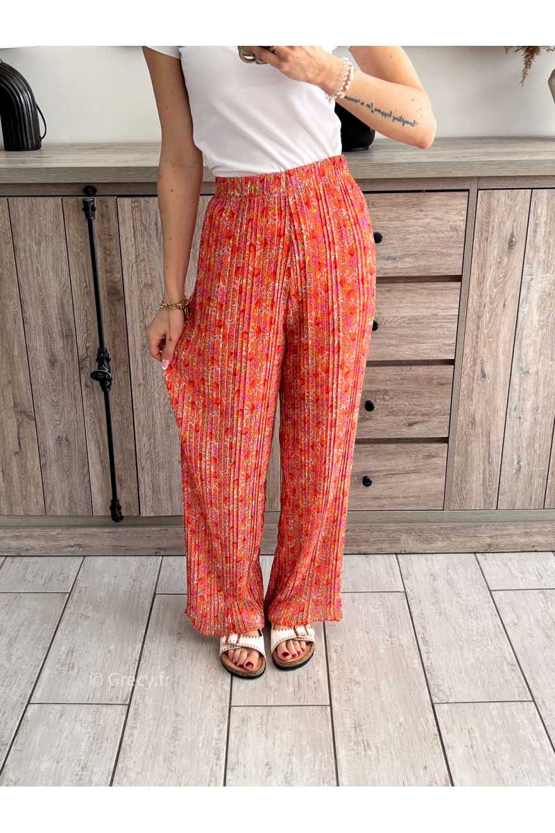 pantalon plissé orange fleuri coloré grecy taille élastique mode ootd look printemps été 2024