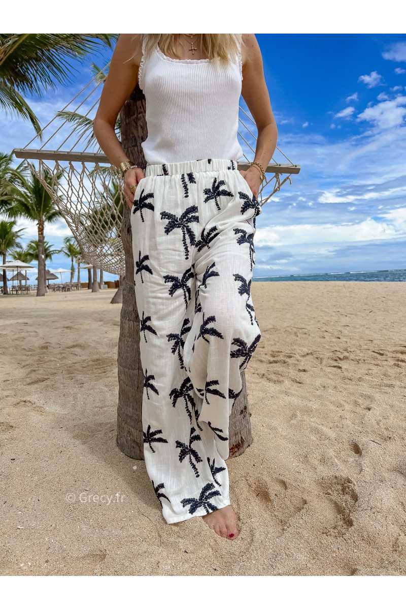 pantalon fluide loin palmiers blanc noir mode ootd look printemps été 2024 plage