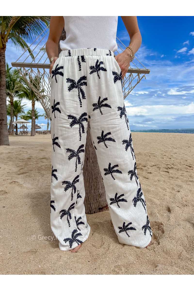 pantalon fluide loin palmiers blanc noir mode ootd look printemps été 2024 plage