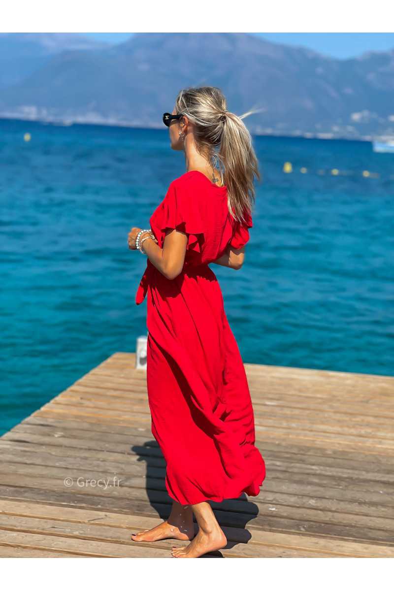 Robe longue rouge fendue été 2024 grecy manches courtes chic fluide ceinture