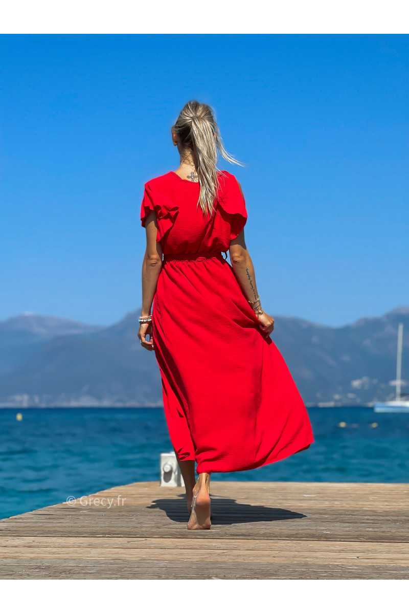 Robe longue rouge fendue été 2024 grecy manches courtes chic fluide ceinture