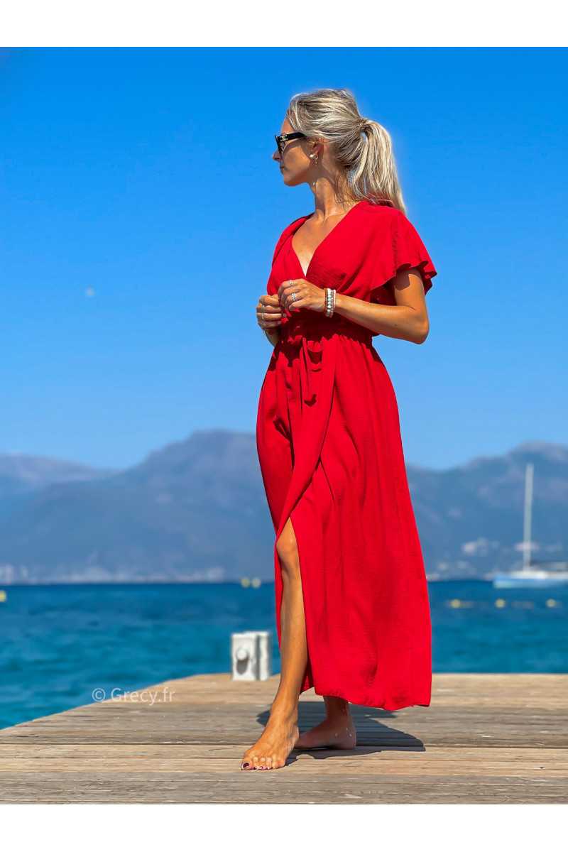 Robe longue rouge fendue été 2024 grecy manches courtes chic fluide ceinture