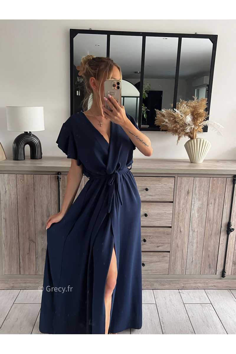 robe longue bleu marine cérémonie chic soirée grecy mode tendance look printemps été 2024