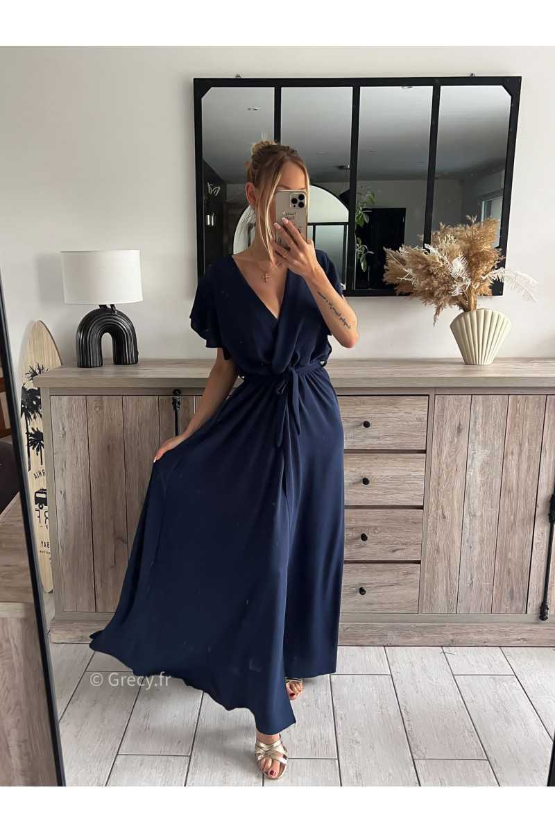 robe longue bleu marine cérémonie chic soirée grecy mode tendance look printemps été 2024