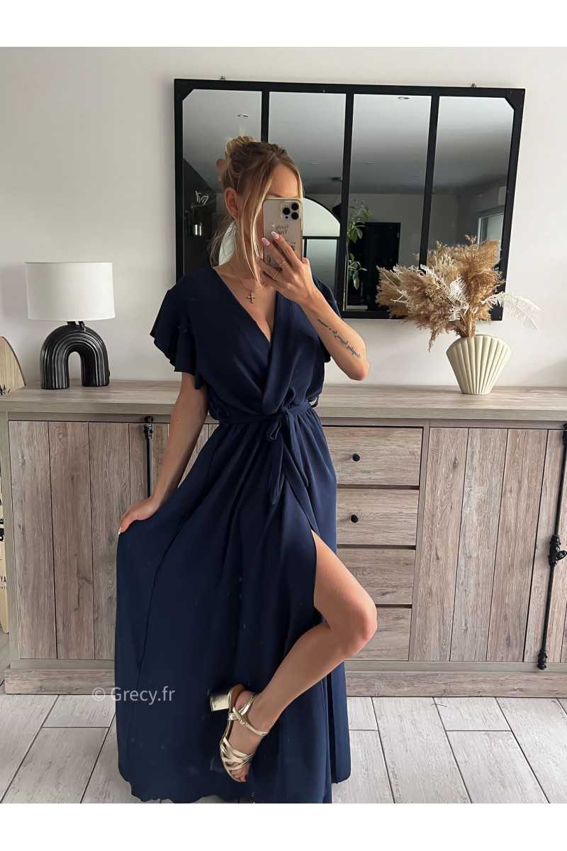 robe longue bleu marine cérémonie chic soirée grecy mode tendance look printemps été 2024