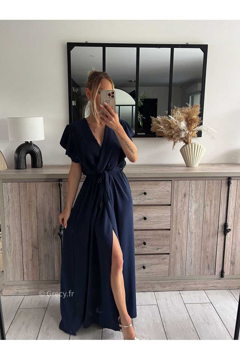 robe longue bleu marine cérémonie chic soirée grecy mode tendance look printemps été 2024