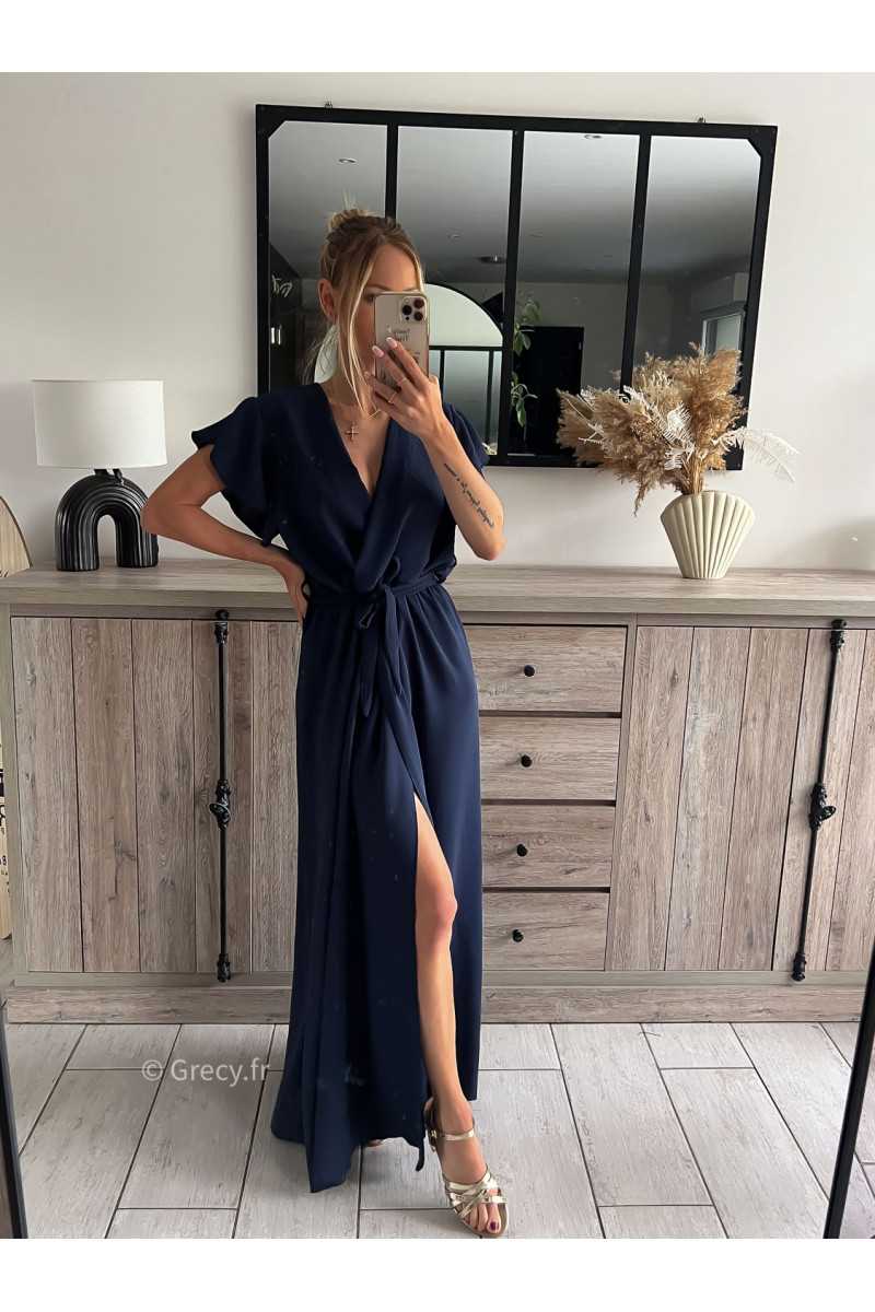 robe longue bleu marine cérémonie chic soirée grecy mode tendance look printemps été 2024