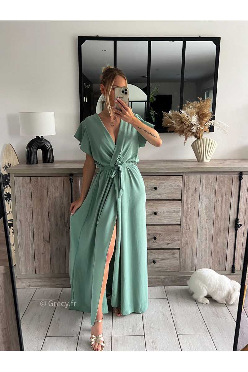 robe longue vert clair pastel d'eau turquoise cérémonie chic soirée grecy mode tendance look printemps été 2024