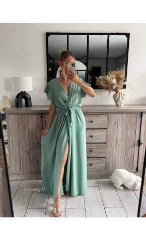 robe longue vert clair pastel d'eau turquoise cérémonie chic soirée grecy mode tendance look printemps été 2024