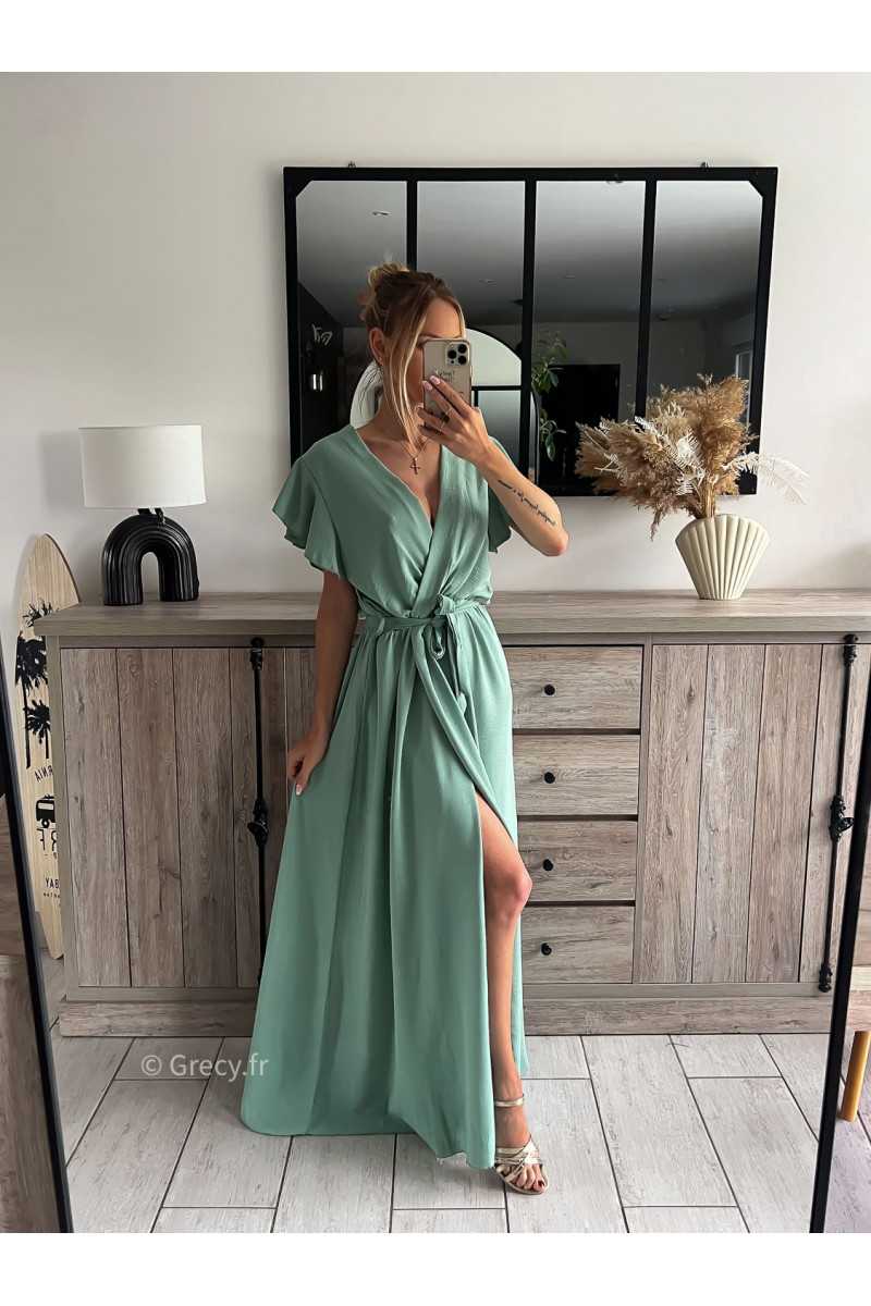 robe longue vert clair pastel d'eau turquoise cérémonie chic soirée grecy mode tendance look printemps été 2024