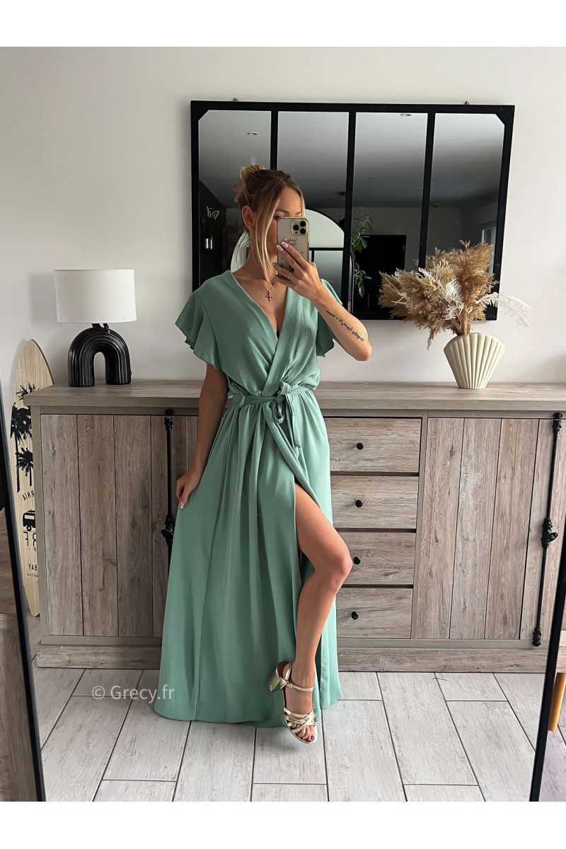 robe longue vert clair pastel d'eau turquoise cérémonie chic soirée grecy mode tendance look printemps été 2024