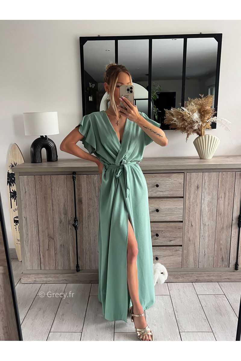 robe longue vert clair pastel d'eau turquoise cérémonie chic soirée grecy mode tendance look printemps été 2024