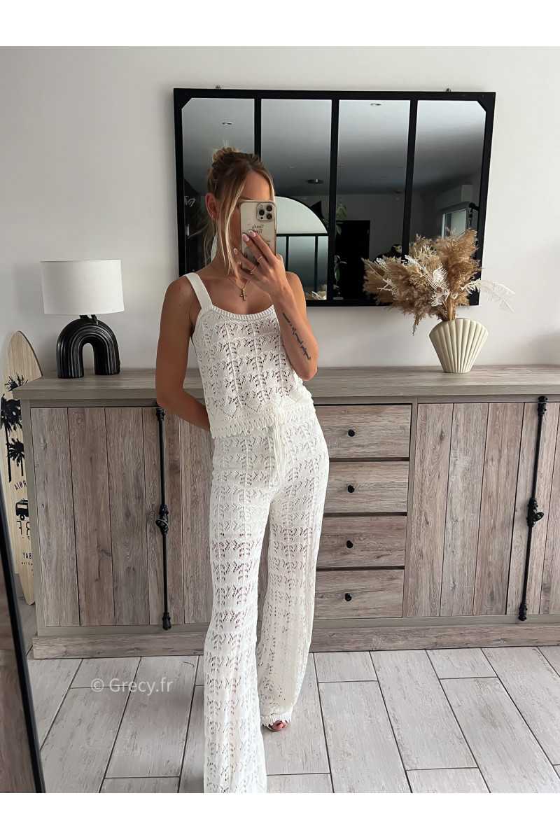 ensemble maille blanc crochet pantalon débardeur top grecy mode ootd outfit look printemps été 2024