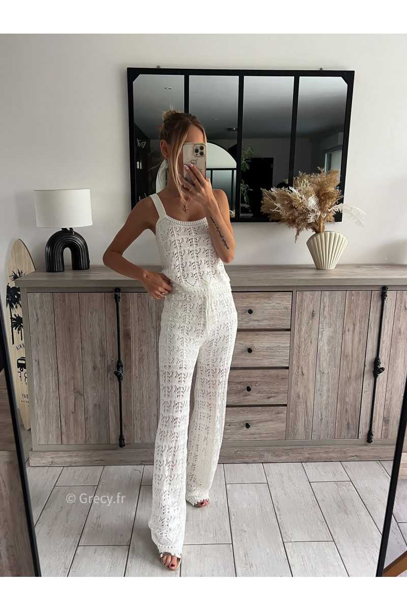 ensemble maille blanc crochet pantalon débardeur top grecy mode ootd outfit look printemps été 2024