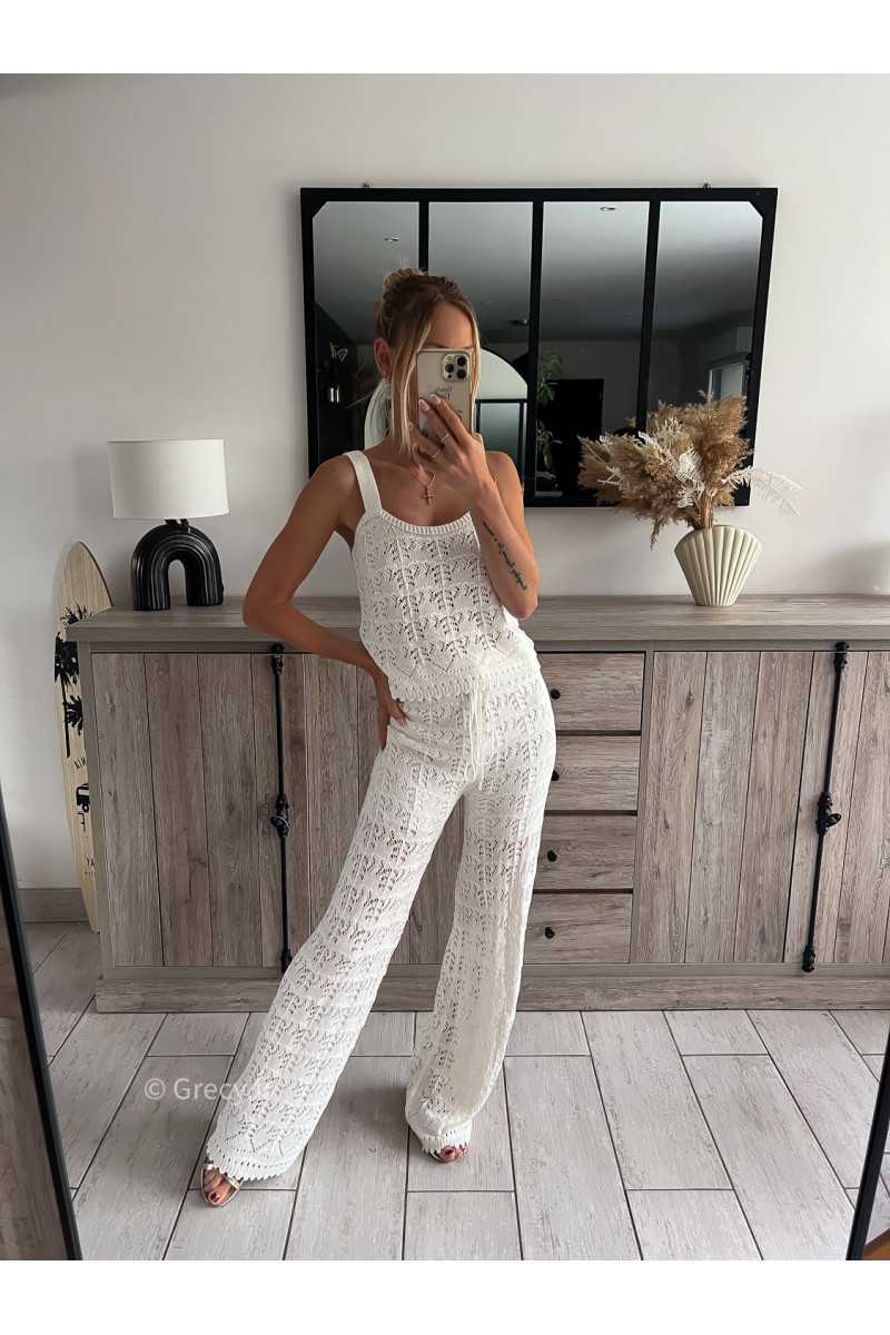 ensemble maille blanc crochet pantalon débardeur top grecy mode ootd outfit look printemps été 2024