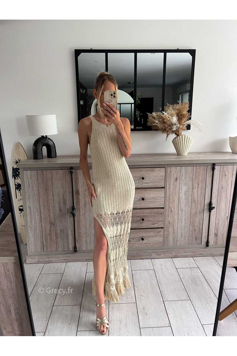 robe maille crochet dorée or paillettes plage grecy mode ootd outfit look printemps été 2024