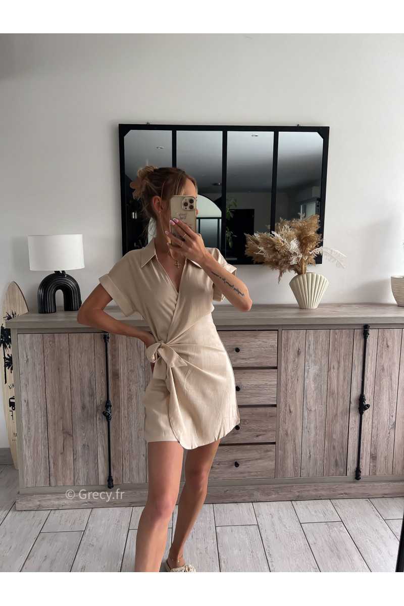 combishort effet robe porte-feuille lin beige grecy mode ootd outfit look printemps été 2024