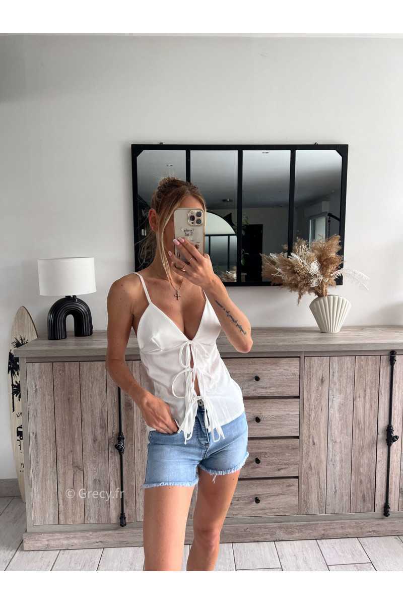 débardeur bretelles blanc noué noeuds devant zara grecy mode ootd outfit look printemps été 2024