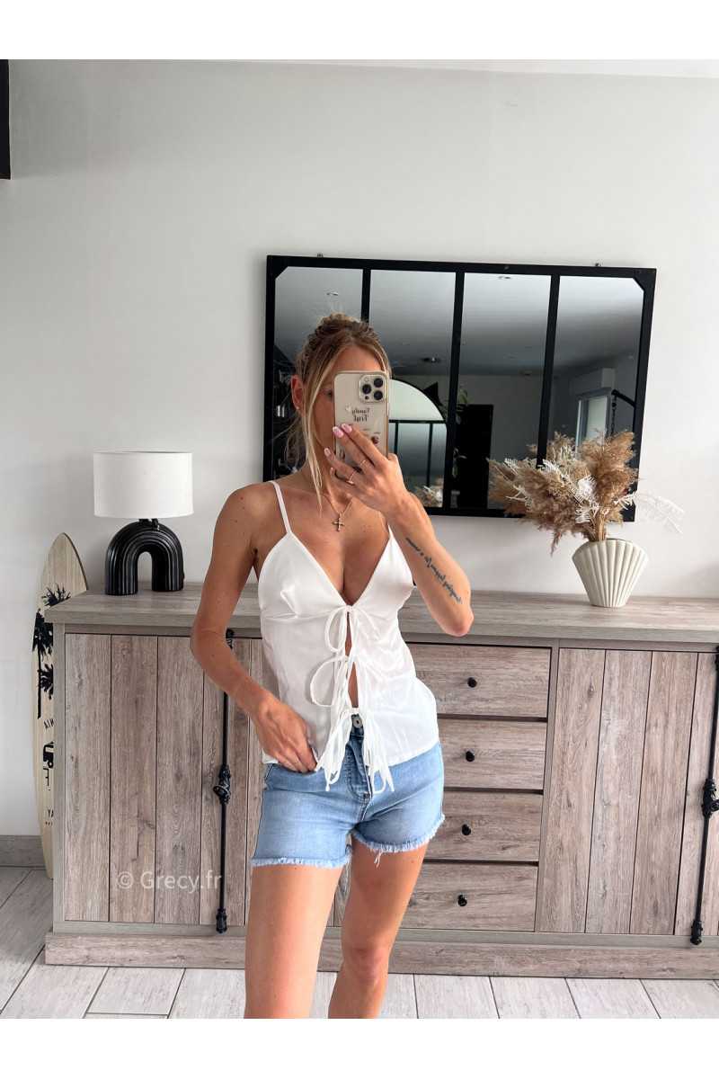 débardeur bretelles blanc noué noeuds devant zara grecy mode ootd outfit look printemps été 2024