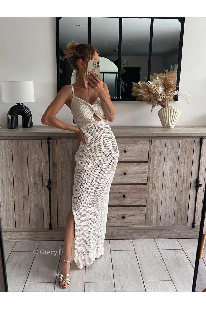 robe longue maille crochet plage blanche grecy mode ootd outfit look printemps été 2024