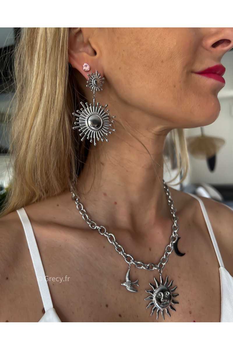 boucles d'oreilles soleil agent argentées parure acier inoxydable tendance accessoires