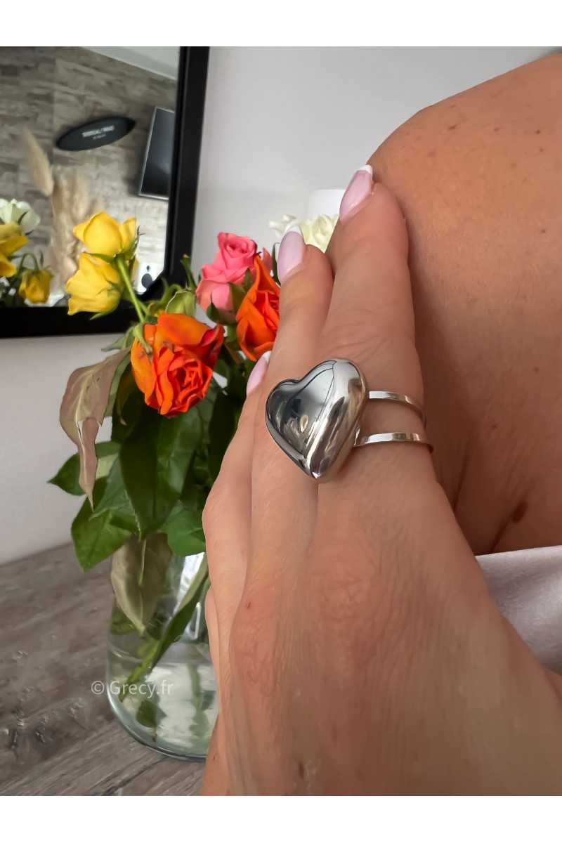 bague coeur agent argenté parure acier inoxydable tendance accessoires