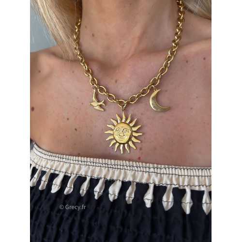 collier soleil lune oiseau charms doré or ou argenté parure acier inoxydable tendance accessoires