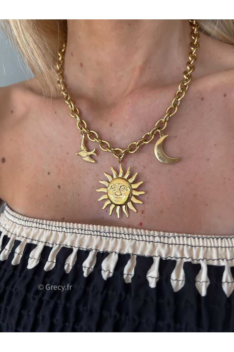 collier soleil lune oiseau charms doré or ou argenté parure acier inoxydable tendance accessoires