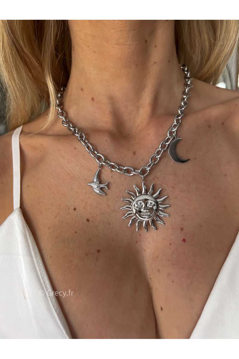 collier soleil lune oiseau charms doré or ou argenté parure acier inoxydable tendance accessoires