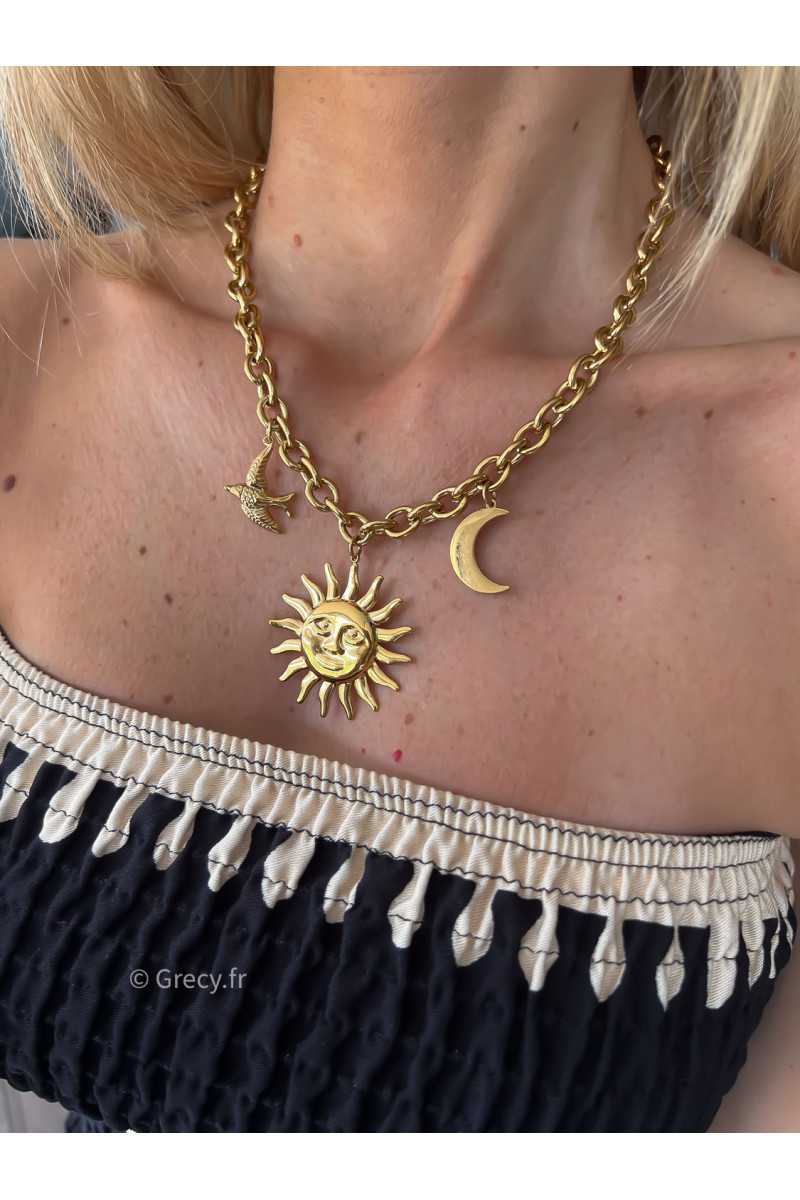 collier soleil lune oiseau charms doré or ou argenté parure acier inoxydable tendance accessoires