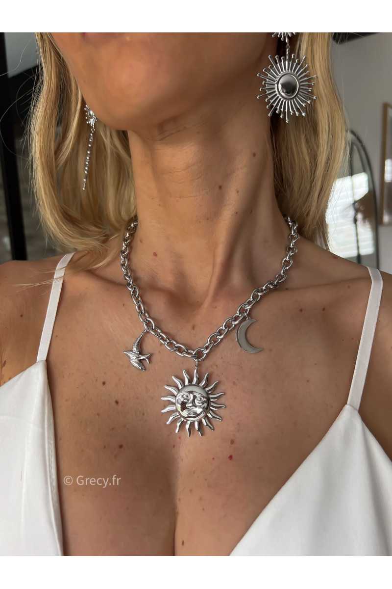 collier soleil lune oiseau charms doré or ou argenté parure acier inoxydable tendance accessoires