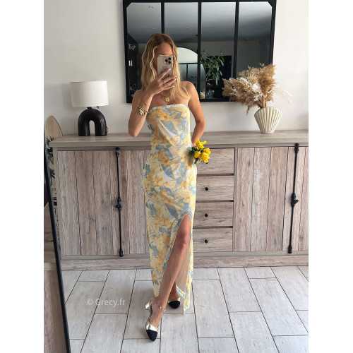 Robe bustier longue jaune fleurie
