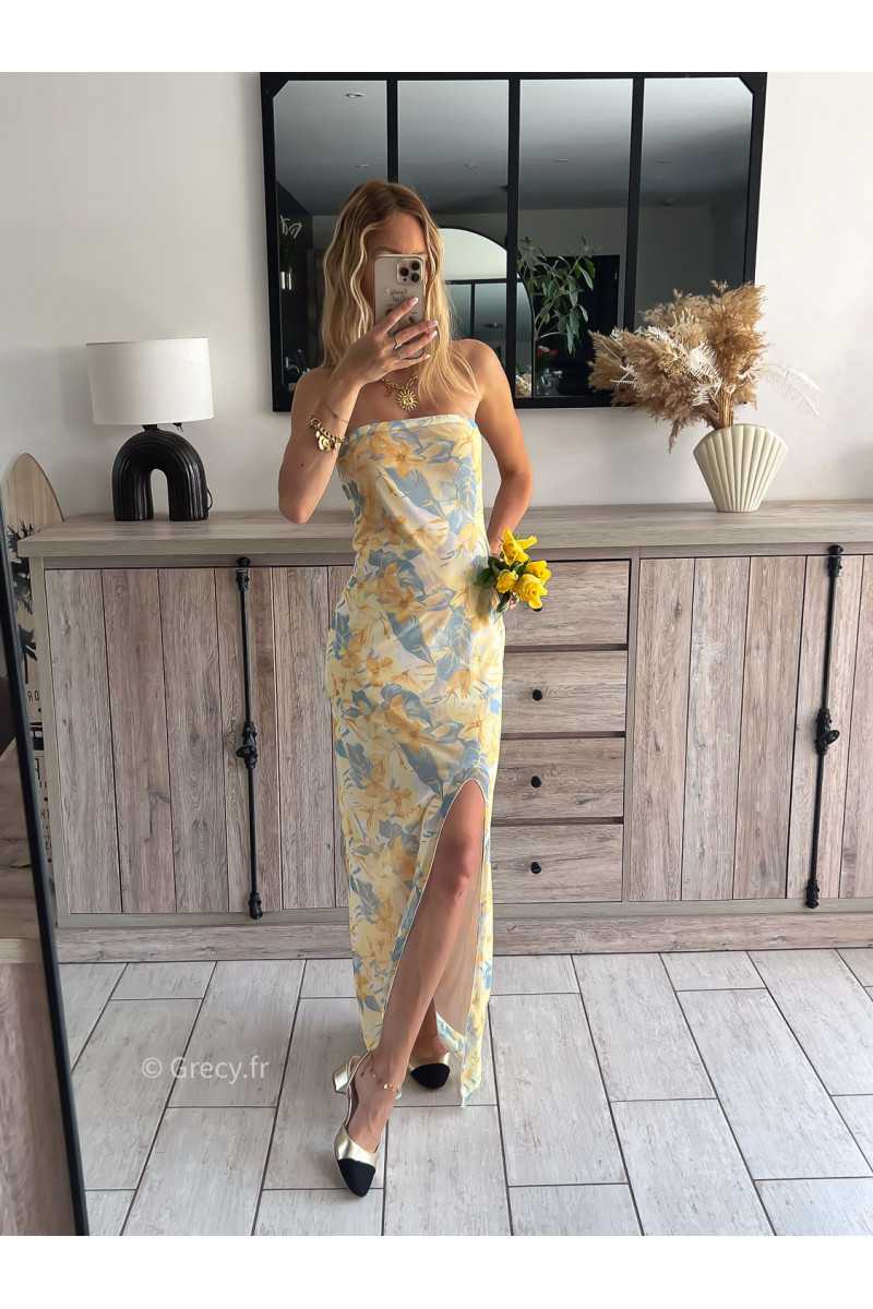robe longue jaune fleurie bustier fendue pastel plage zara grecy mode ootd outfit look printemps été 2024