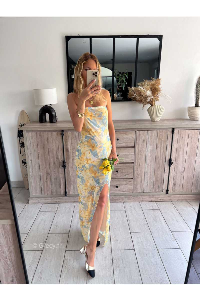 robe longue jaune fleurie bustier fendue pastel plage zara grecy mode ootd outfit look printemps été 2024