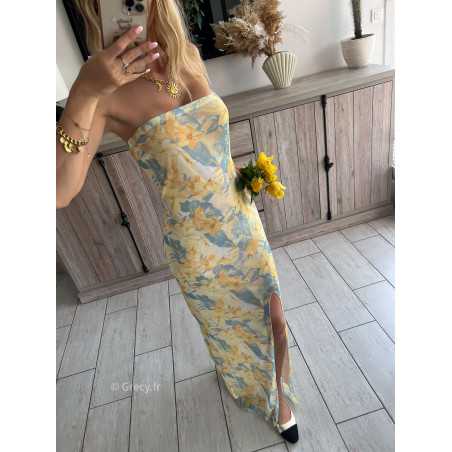 Robe longue bustier jaune fleurie taille elastique Taille Taille unique convient du 34 au 42 Couleur jaune