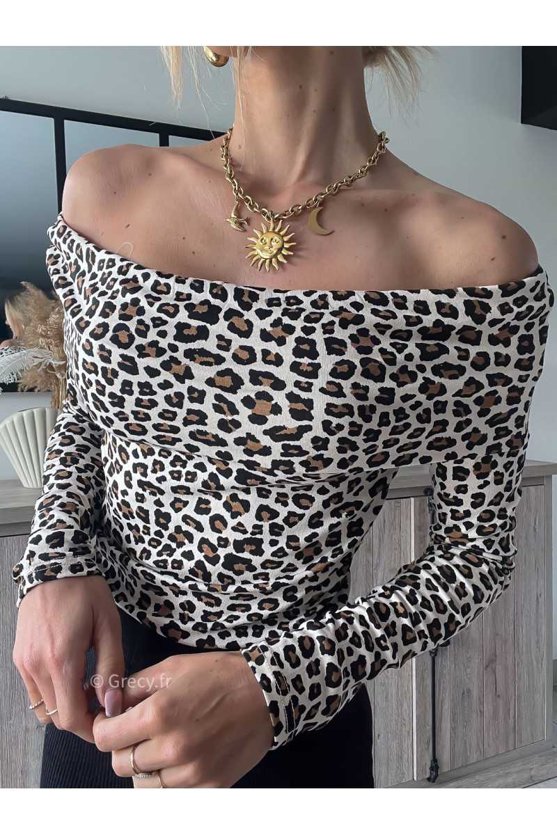 top pull leopard col bardot épaules dénudées printemps été 2024 mode tendance look grecy