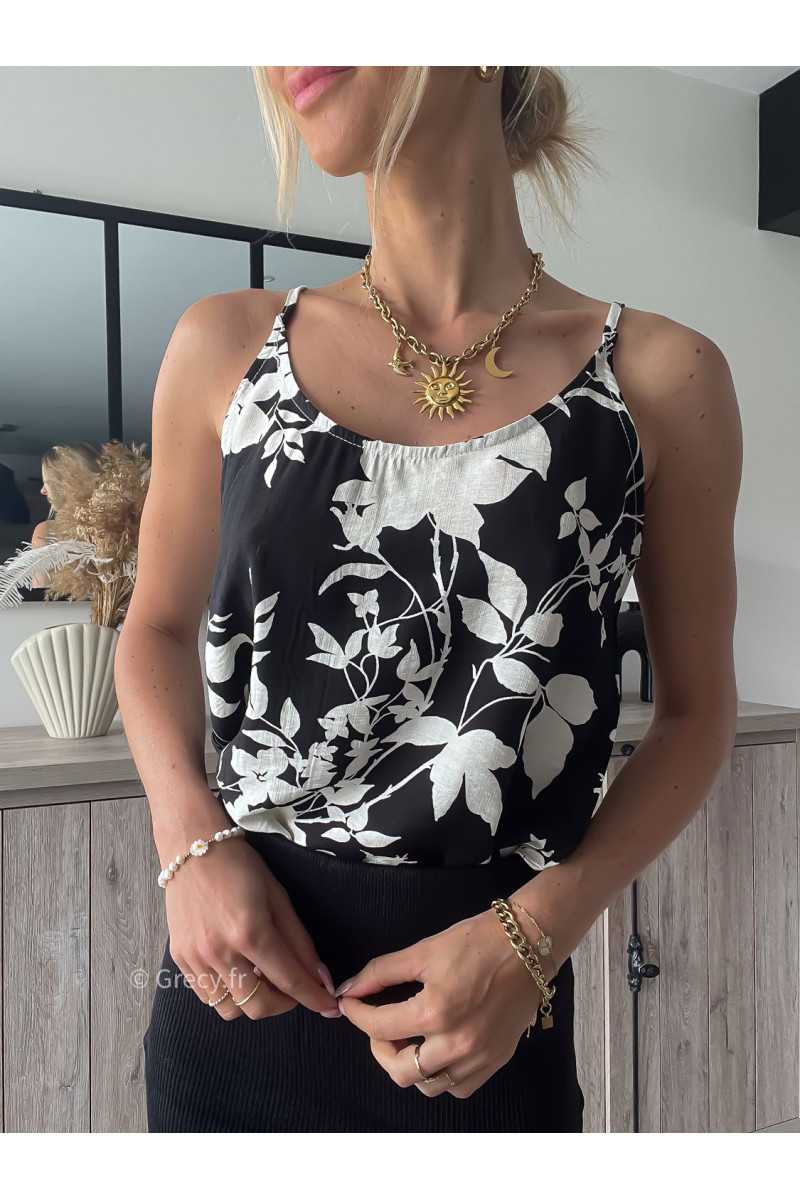 top débardeur fleuri blanc et noir printemps été 2024 mode tendance look grecy