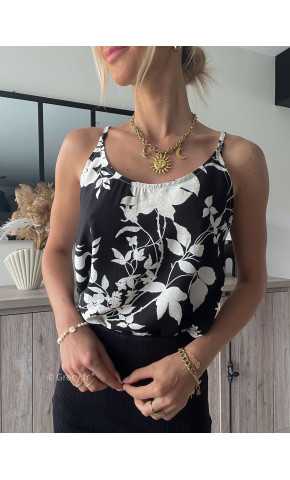 top débardeur fleuri blanc et noir printemps été 2024 mode tendance look grecy
