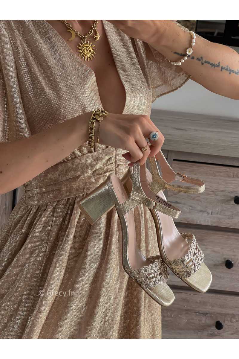sandales dorées tressées or talons confortables cérémonie mariage soirée printemps été 2024 mode tendance look grecy