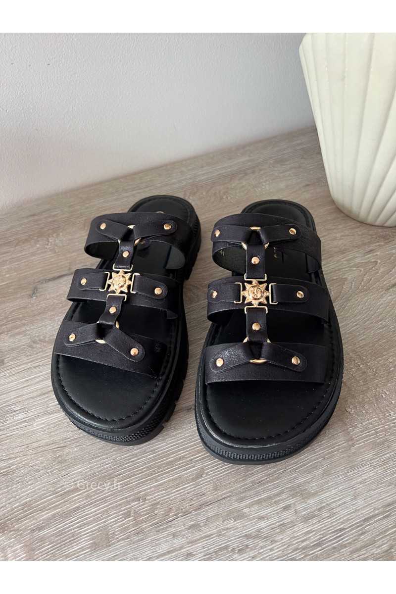 Sandales noires soleil inspiration Celine luxe plateforme compensées été 2024 tendance grecy mode