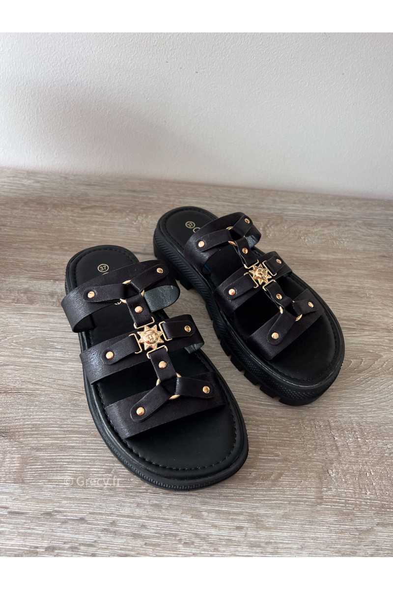 Sandales noires soleil inspiration Celine luxe plateforme compensées été 2024 tendance grecy mode