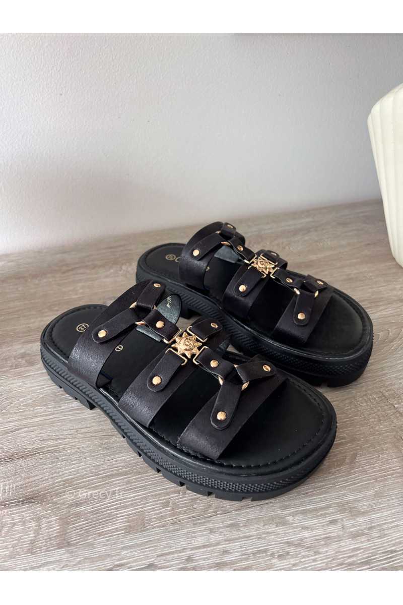 Sandales noires soleil inspiration Celine luxe plateforme compensées été 2024 tendance grecy mode