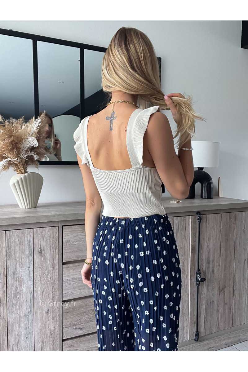 Top maille volants beige bretelles printemps été 2024 mode tendance grecy look