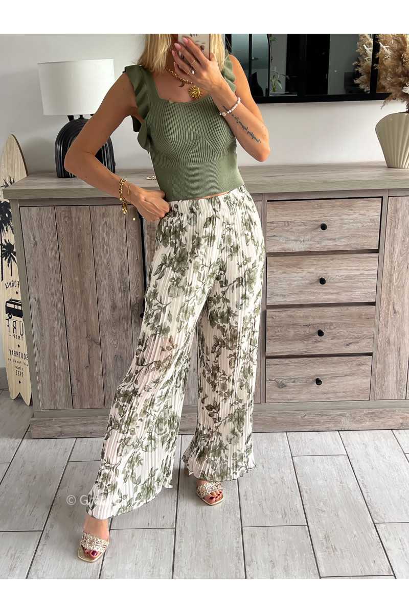 pantalon plissé élastique kaki vert fleuri fleurs printemps été 2024 mode tendance grecy look