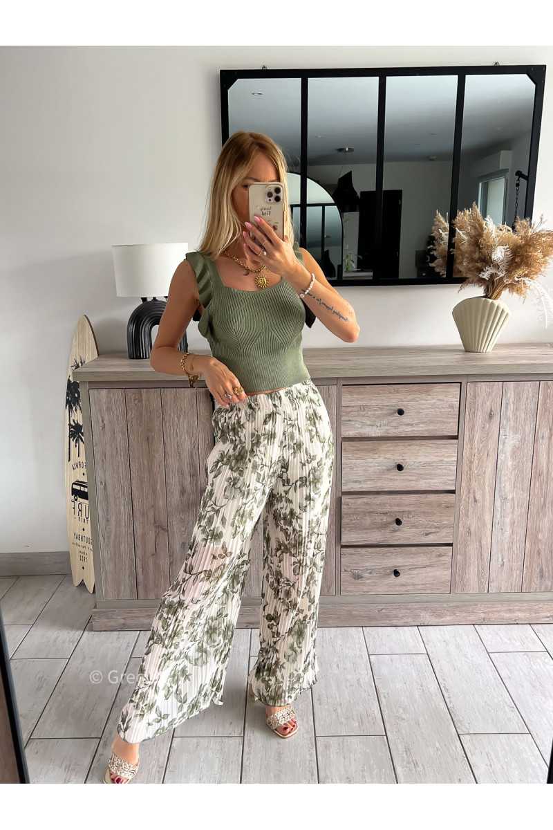 pantalon plissé élastique kaki vert fleuri fleurs printemps été 2024 mode tendance grecy look