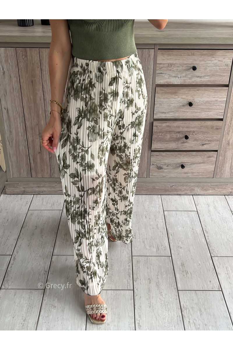 pantalon plissé élastique kaki vert fleuri fleurs printemps été 2024 mode tendance grecy look
