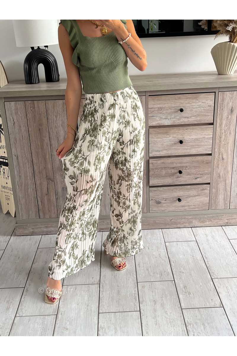 pantalon plissé élastique kaki vert fleuri fleurs printemps été 2024 mode tendance grecy look