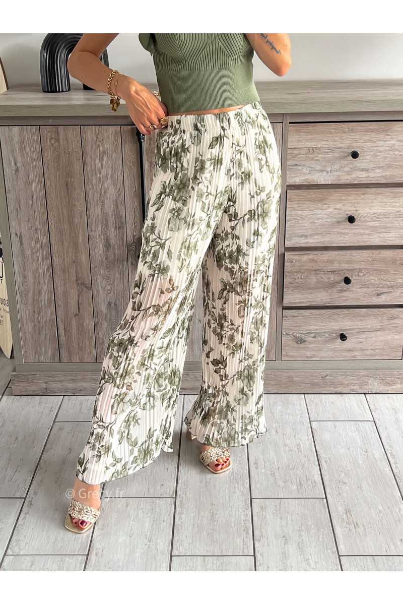 pantalon plissé élastique kaki vert fleuri fleurs printemps été 2024 mode tendance grecy look