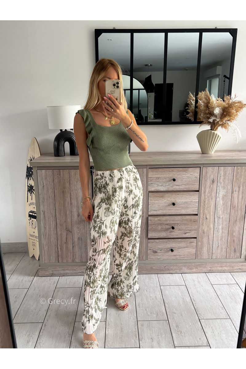pantalon plissé élastique kaki vert fleuri fleurs printemps été 2024 mode tendance grecy look