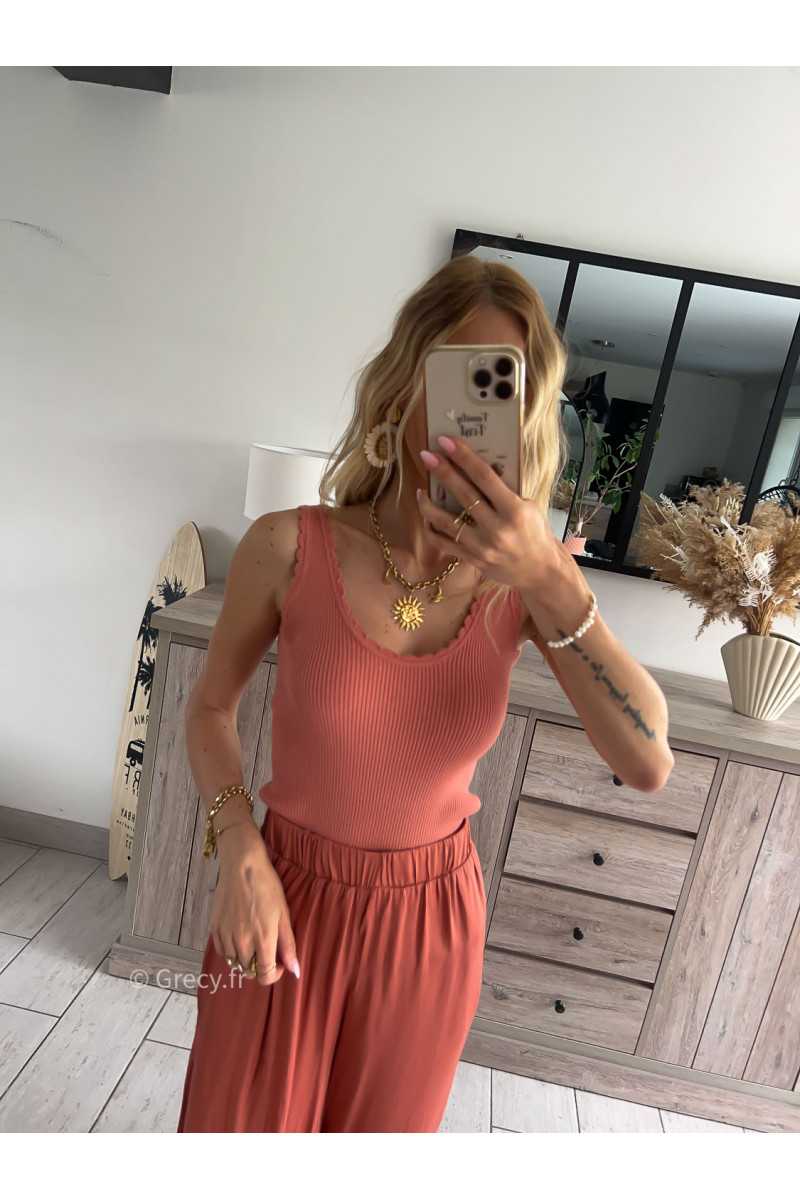 débardeur festonné maille terracotta été Summer 2024 mode tendance grecy look